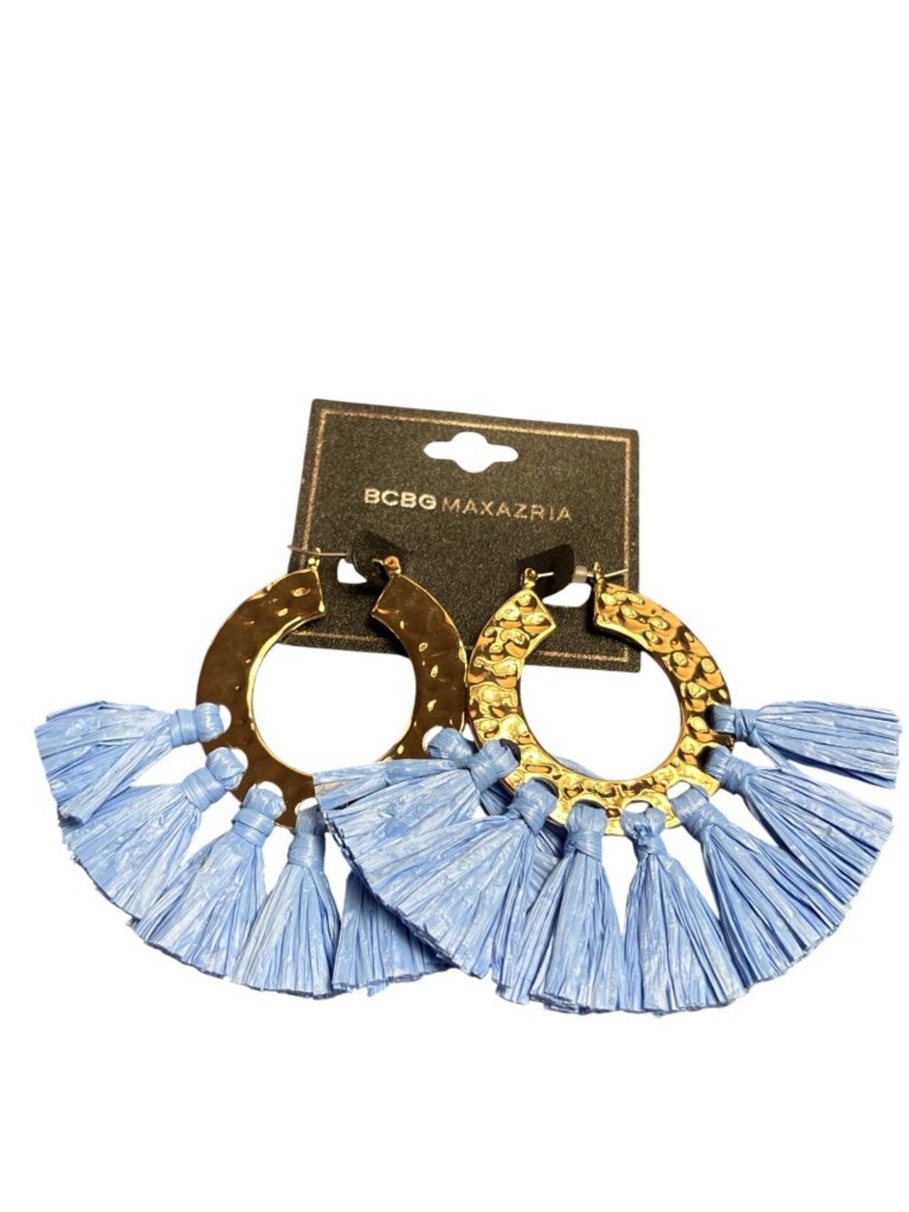 BCBG Max Azria Hammered Goldtone Hoop Earrings Blue Tassel Fringe 2.5 inches New